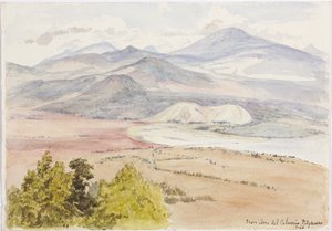 Uitzicht vanaf de Cerro del Calvario, Patzcuaxo aan de ene kant van het papier en aan de andere kant een uitzicht op het oude fort en stenen heuvels, Iguatcho vanaf Cerro del Calvario, Patzcuaro, Michoacan, Mexico door Adela Breton