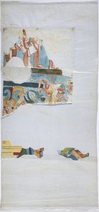 Aquarel op linnen type papier Tekening van muurschildering uit een gewelf in een grote kamer, Casa de Monjas, Chichen Itza, Mexico