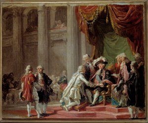 Ontvangst van een Ridder van de Orde van Sint Lazarus van Jeruzalem en van Onze Lieve Vrouw van de Berg Karmel door de Laatste Grootmeester de Graaf van Provence (toekomstige Koning Lodewijk XVIII) (1755-1824) onder Lodewijk XVI. Schilderij door Adélaïde L
