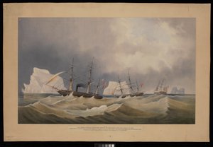 H.M.S. Phoenix met haar begeleiders, The Diligence en Breadalbane, tussen de ijsbergen