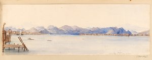 Borneo - Uitzicht op de rivier vanuit ons huis uit West-Indië, Noord-Amerika en Borneo plakboek, ca. 1845