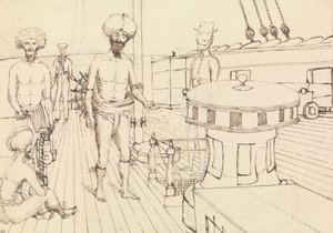 Seru [Seru Epenisa Cakobau (Thakombau)], aan boord, en Masomalua (met de hoed), okt 1849 [Fiji]