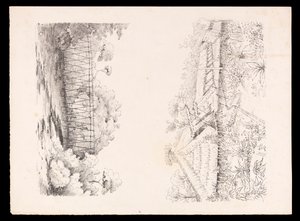 Dorp van de Stang-stam, Sarawak, Borneo; en een brug van palen over een rivier uit West-Indië, Noord-Amerika en Borneo plakboek, ca. 1845 door Admiral Sir Edward Gennys Fanshawe