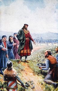 Karel IV inspecteert druiven tijdens zijn aanmoediging van wijnproductie in Bohemen, begin twintigste eeuw door Adolf (after) Liebscher
