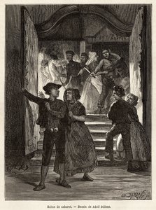 Een cabaretscène, een stel verlaat de scène, terwijl een man hen bedreigt met een mes, vastgehouden door twee vrouwen; terwijl een ander stel hen tegemoet treedt bij het betreden van het cabaret, gravure naar de tekening van Adolf Dillens, illustrerend een door Adolf Alexander Dillens
