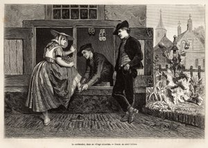 Een schoenmaker in een Zeeuws dorp, laat een jonge vrouw een schoen passen, vergezeld door een jonge man, gravure naar de tekening van Adolf Dillens, ter illustratie van een reis naar Zeeland (Nederland), in 1873, door Charles de Coster, gepubliceerd in 