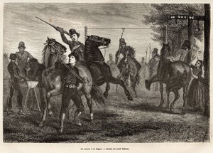 De race naar de ring in Niewland, de jonge ruiters strijden om, wapen van een houten speer, het verwijderen van de ring van de poort waar deze aan is opgehangen, paard gooit galop; voor de meest onhandige, is er ook een houten lepel opgehangen aan een nabi door Adolf Alexander Dillens