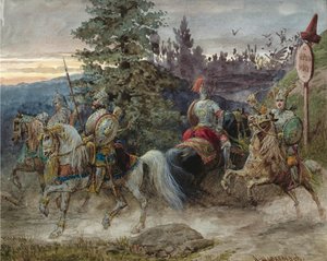 De weg naar Chernomor. Illustratie bij het gedicht Ruslan en Lyudmila van A. Pushkin door Adolf Charlemagne