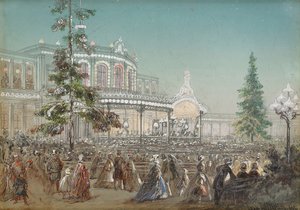 Viering van het 25-jarig jubileum van de Tsarskoe Selo-spoorweg op het Pavlovsk-treinstation Concert Hall door Adolf Charlemagne, gouache op karton