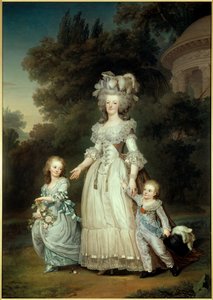 Portret van de koningin van Frankrijk Marie Antoinette (1754-1793) met Marie Therese of Madame Royale (1778-1851) en de eerste Dauphin Louis Joseph Xavier Francois of Louis de France (1781-1789) wandelend door de tuinen van de Trianon