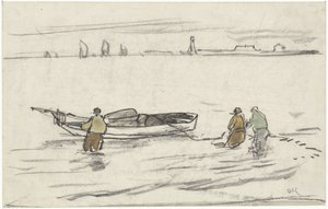 Drie in het water staande mannen halen een zeilboot naar de kant