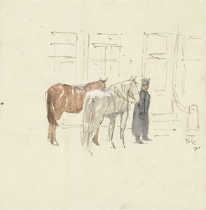 Man met twee paarden voor een gebouw door Adolf le Comte