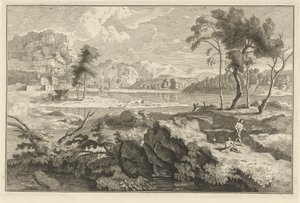 Arcadisch landschap met rotsen en rivier door Adolf van der Laan