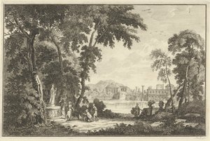 Arcadisch rivierlandschap met figuren die een beeld aanbidden door Adolf van der Laan