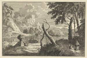 Arcadisch rivierlandschap met gebroken boom door Adolf van der Laan