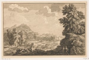 Arcadisch rivierlandschap met herders en vrouw met een wasmand door Adolf van der Laan