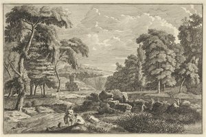 Arcadisch rivierlandschap met vijf badende vrouwen en een hert door Adolf van der Laan