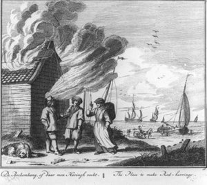 “De bockemhang, of daar men haringh rookt” (nr. 16 uit de serie haringvangst) door Adolf van der Laan