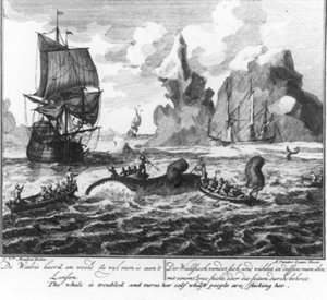 “De walvis keert en woelt terwijl men hem aan het lensen is” (nr. 6 uit de serie walvisvaart) door Adolf van der Laan