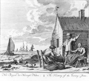 “Het breien der haringnetten” (nr. 2 uit de serie haringvangst) door Adolf van der Laan