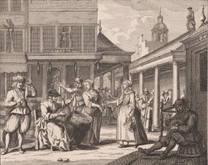 “Het debiteeren en verkoopen van de haringh” (nr. 14 uit de serie haringvangst) door Adolf van der Laan