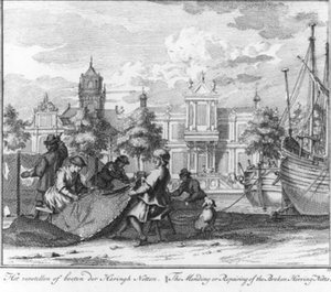 “Het verstellen of boeten der haringnetten” (nr. 17 uit de serie haringvangst) door Adolf van der Laan