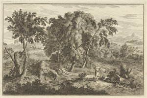 Vrouw door pijl geraakt in een arcadisch landschap door Adolf van der Laan
