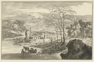 Winterlandschap met gezicht op een stad