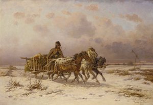 Een boer in een slee die drie paarden bestuurt door Adolf van der Venne