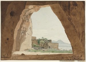 Vesuvius en de baai van Napels vanuit een grot door Adolf von Heydeck