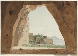 Vesuvius en de Baai van Napels vanuit een grot door Adolf von Heydeck