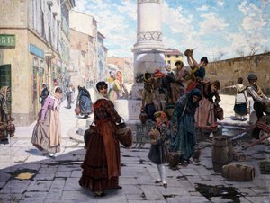 Vrouwen bij fontein, door Adolfo Belimbau