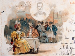Ansichtkaart door Adolfo Hohenstein (1854-1928) gemaakt ter gelegenheid van de première van de opera La Boheme, door Giacomo Puccini (1858-1924), met een scène uit de tweede akte