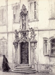 Een man die de trap van een gebouw met een barok portaal afdaalt, 1884