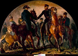 Ontmoeting van Gebhard Leberecht von Blücher (1742-1819) en Arthur Wellesley Wellington (1769-1852), bij de Slag van La Belle Alliance (1815). Schilderij door Adolf Menzel (1815-1905) door Adolph Menzel