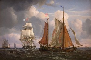Schepen zeilen en laveren tegen de wind in de Sont door Adolph Friedrich Vollmer