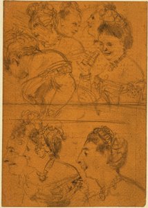 Acht Skizzen von Theaterbesucherinnen door Adolph Menzel