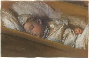 Een slapende baby in zijn wieg door Adolph Menzel