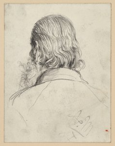 Bebaarde kop met lang haar, van achteren gezien door Adolph Menzel