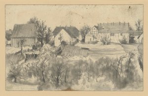 Gezicht op schuren en boerderijen, met lage bomen en struikgewas op de voorgrond door Adolph Menzel