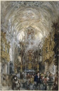 Blik in de stiftskerk Onze-Lieve-Vrouw bij de Oude Kapel in Regensburg, rechts vooraan personen bij het wijwatervat door Adolph Menzel