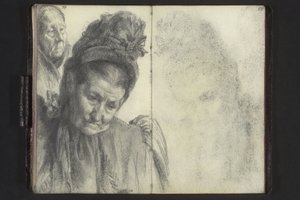 Busteportret van een oude vrouw met hoed, vrouwenhoofd met hoofddoek door Adolph Menzel