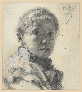 Borstbeeld van een meisje naar rechts, met het hoofd naar de beschouwer gewend door Adolph Menzel