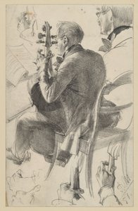 Cellist naar links, half van achteren gezien. Hoofd- en handstudies. Voorstudie voor het schilderij "Fluitconcert van Frederik de Grote in Sanssouci" door Adolph Menzel
