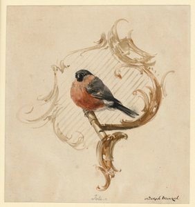 Een goudvink op een stok voor rocaille door Adolph Menzel