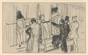 Instappende treinreizigers en conducteur. Perronscène door Adolph Menzel