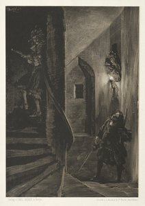 Essay op steen met penseel en schraper: Achtervolging op de kronkelende trap, 1851 door Adolph Menzel
