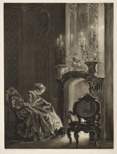 Essay op steen met penseel en schraper: Vrouw die leest bij de haard, 1851 door Adolph Menzel