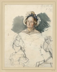 Gravin Alvensleben, geboren v. d. Osten-Sacken. Daaronder twee borstbeelden. Studie voor het schilderij „De kroning van Wilhelm I in Königsberg“ door Adolph Menzel