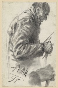 Halffiguur van een oude man met een stok, waarvan de rechterhand verworpen en eronder herhaald is door Adolph Menzel